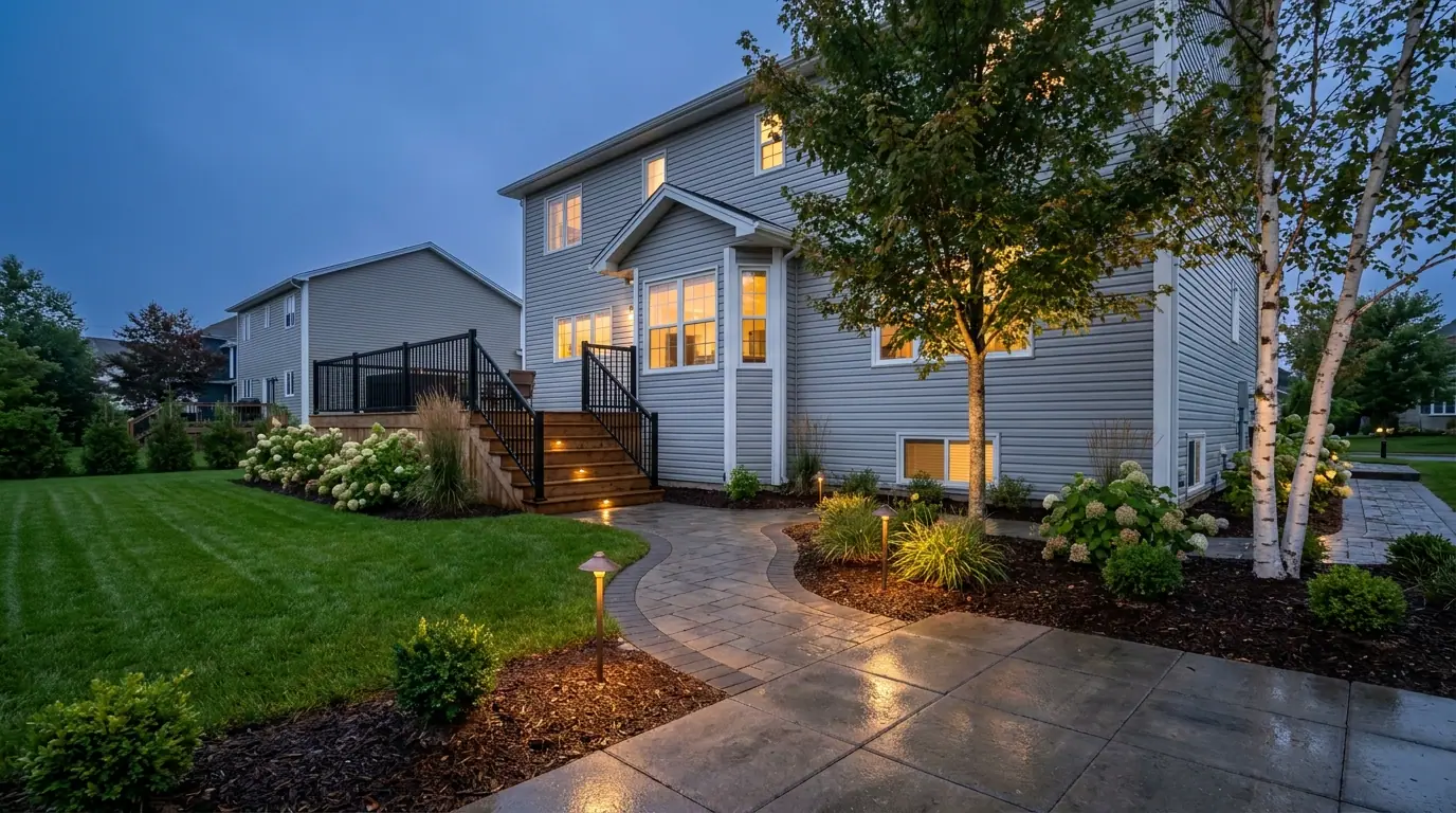 Illustration: a two-storey house at dusk with low-voltage path lights along a paver walk, lit deck stairs, uplit birch trees and planted beds