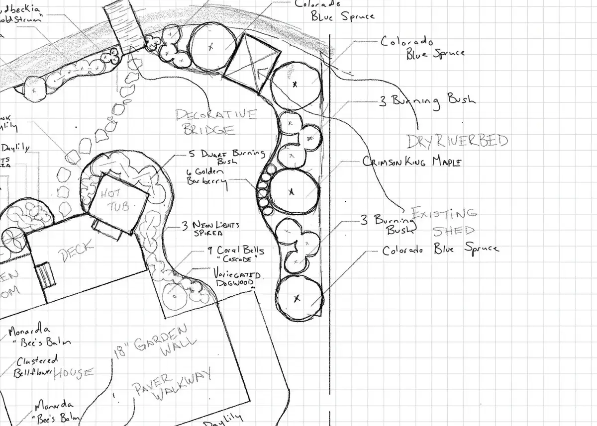 Hand-drawn planting plan on graph paper, labelled with Purple Leaf Weigela, Endless Summer Hydrangea, Emerald Cedar and a 24–30 inch boulder