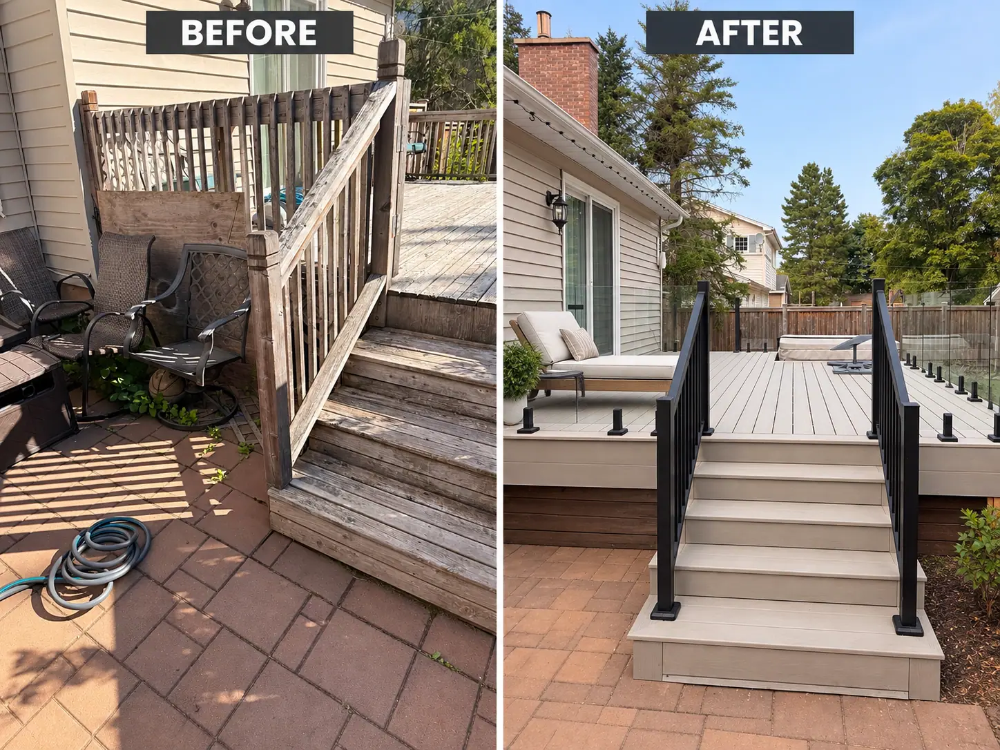 Before and after: worn wooden deck stairs with a weathered railing, then new stairs with a black metal railing and a landing on the same deck