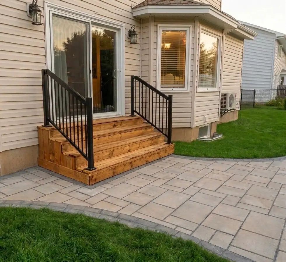 Cedar deck stairs with black metal railings landing on a large-format paver patio, with a border course and a clean edge to the lawn