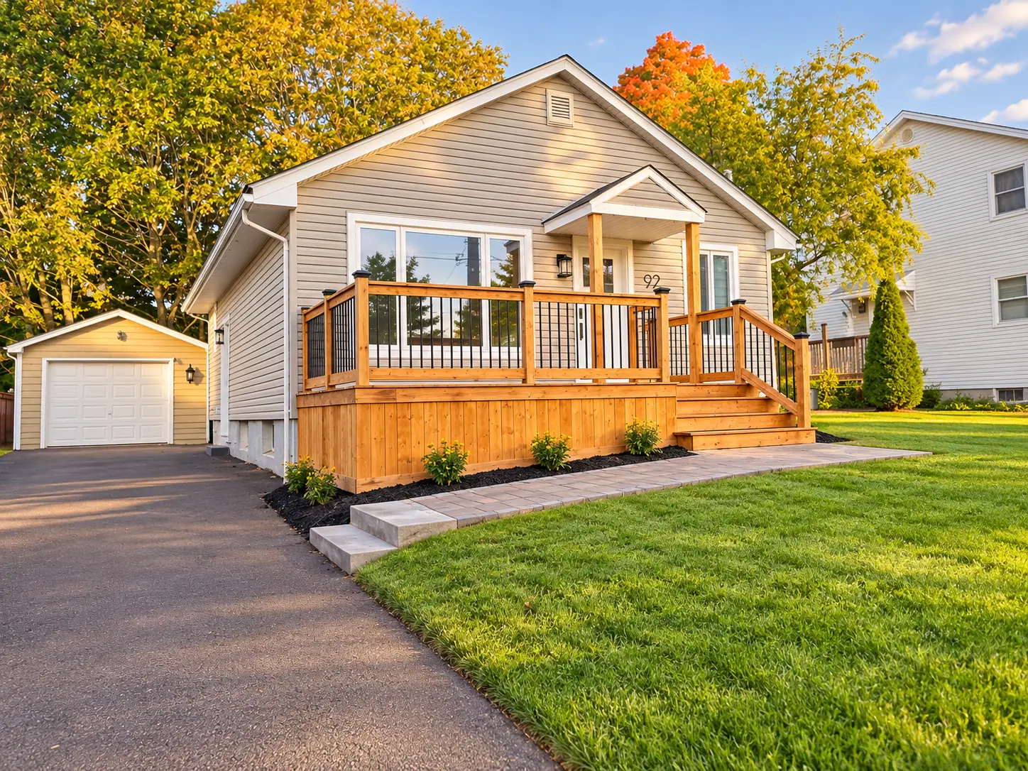 Bungalow with a new wood front deck, stairs and railing, beside a paved driveway and fresh sod