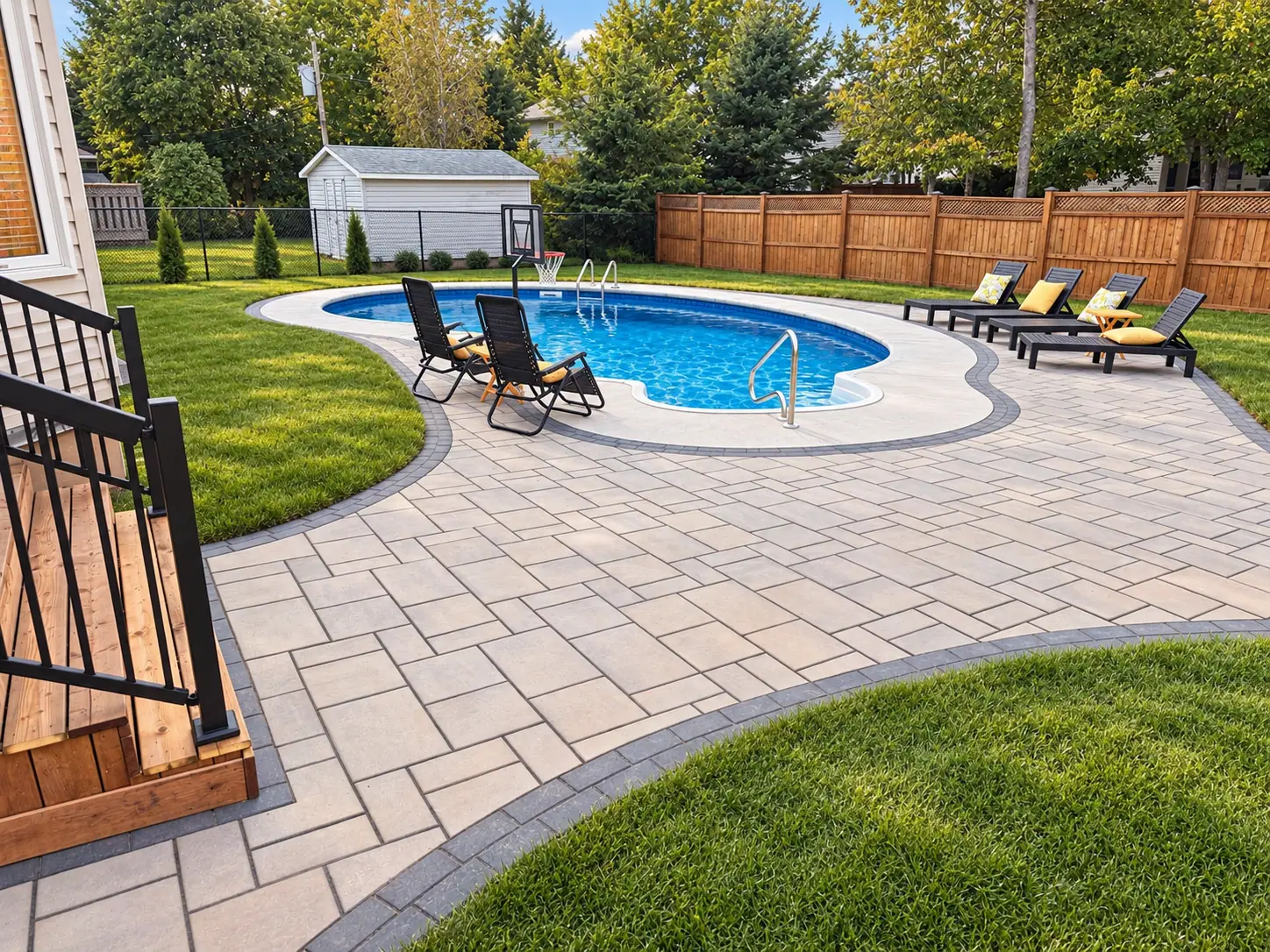 Large-format paver pool deck with a dark border course around an in-ground pool, lounge chairs, new sod and a wood fence behind